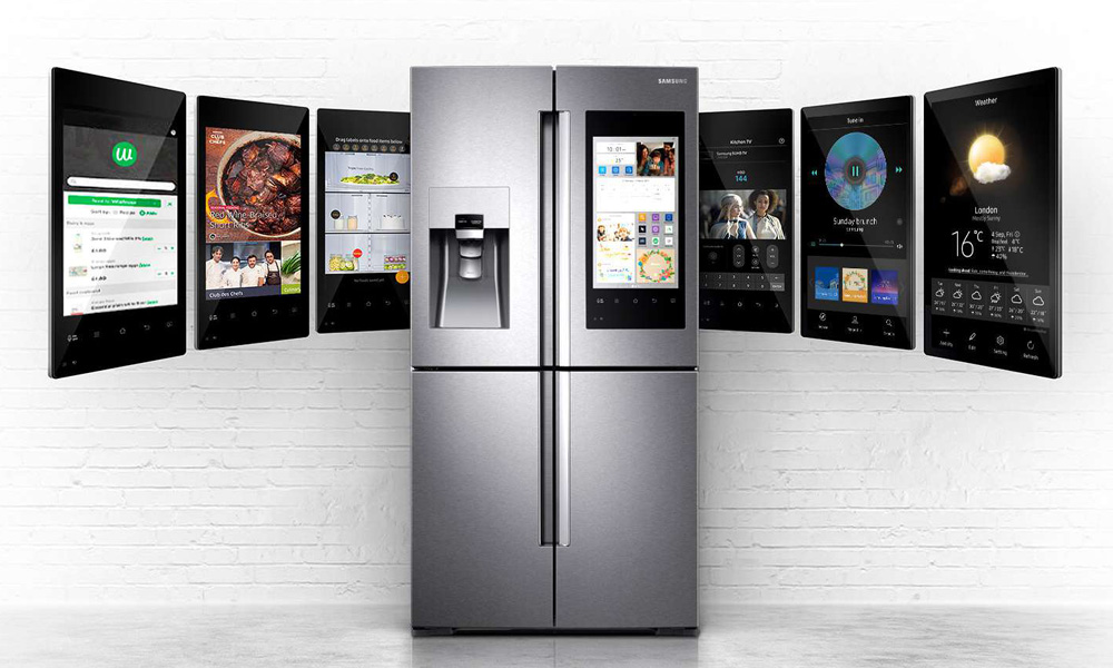 Photo of a fridge concept showing multiple screens